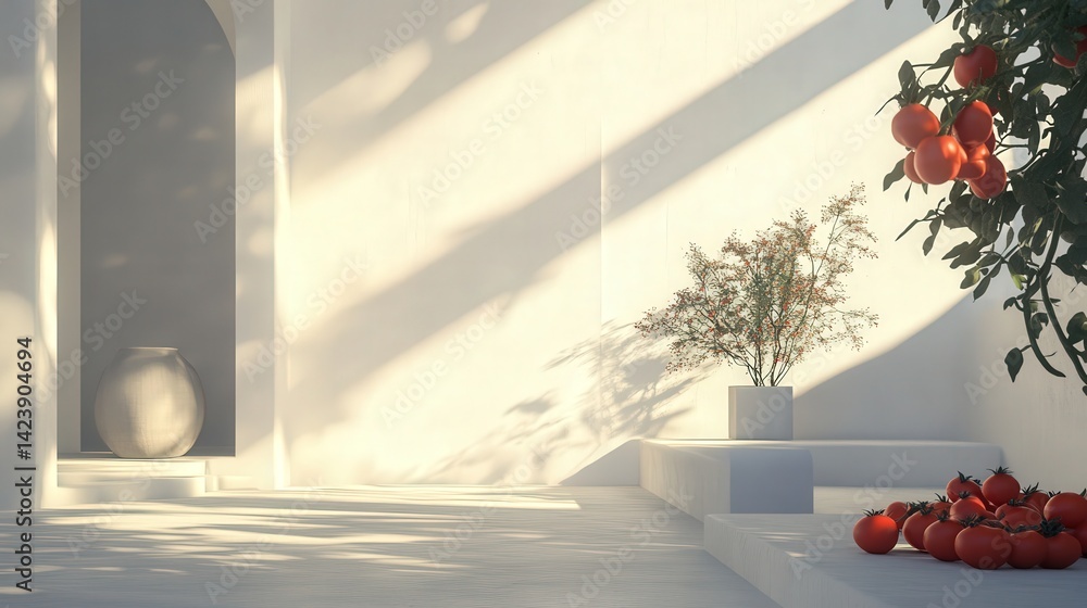 Aufkleber a subtle play of light and shadow is created as tomatoes cast their vibrant shadows on the white wal