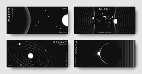 Set of abstract space astronomy horizontal backgrounds. Line art galaxy, solar system, planet, black hole. Science future concept. Cosmic minimal design for cover, poster, ads, banner, flyer, brochure
