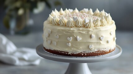 Simple birthday cake on a cake stand beautifully decorated with white icing and delicate heart shaped sprinkles