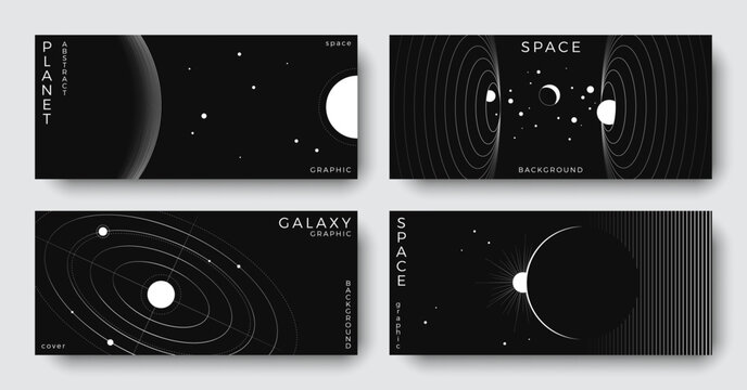 Set of abstract space astronomy horizontal backgrounds. Line art galaxy, solar system, planet, black hole. Science future concept. Cosmic minimal design for cover, poster, ads, banner, flyer, brochure