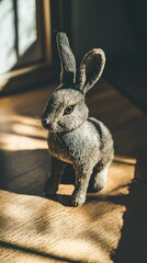 Focused Shot of Plush Bunny Toy on Wooden Floor in Natural Light