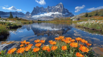 Breathtaking Mountain Landscape with Vibrant Flowers and Reflection