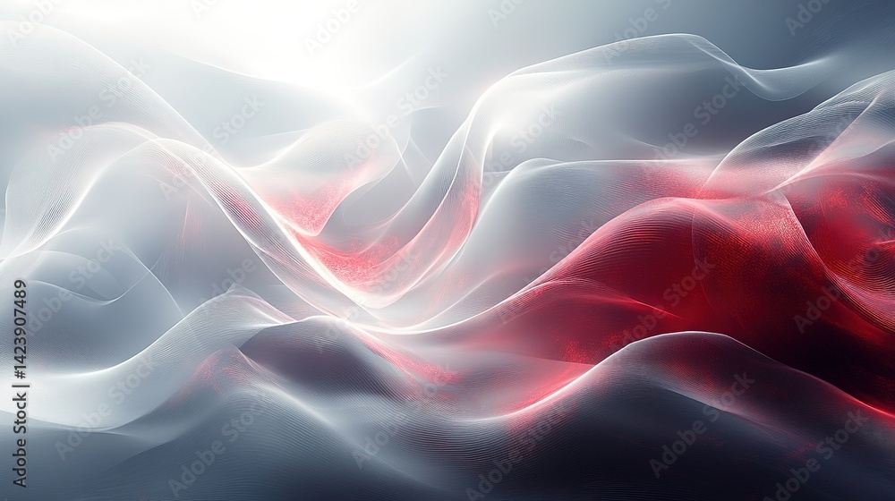 Poster abstract flowing fabric, blending light gray and vibrant red. dynamic textures create a sense of mov