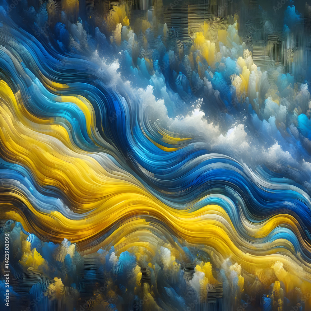 Poster swirling abstract waves of blue, yellow, and white creating a dynamic and textured pattern