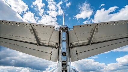 fighter squadron formation maneuver Concept. Aircraft wing against a blue sky with clouds creating a dramatic backdrop.