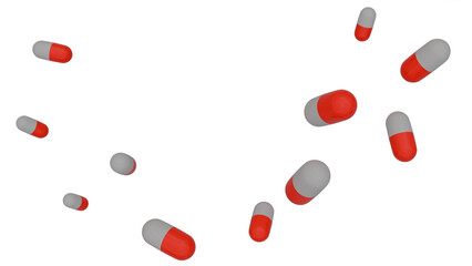 red and white pill capsules fall on a transparent background