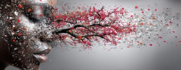 Double Exposure of Woman's Face Blending with Nature Elements and Business Symbols for Leadership Themes