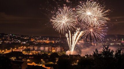 Fototapeta premium City Skyline Illuminated by Festival Fireworks