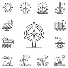 Renewable Energy Line black Icon Set. A dynamic collection of icons showcasing sustainable energy solutions, perfect for environmental projects, educational materials, and green technology