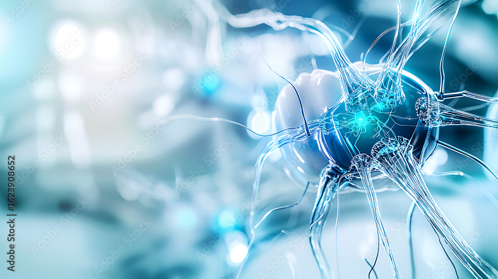 Poster neural activity simulation virtual lab scientific illustration digital environment close-up view neu