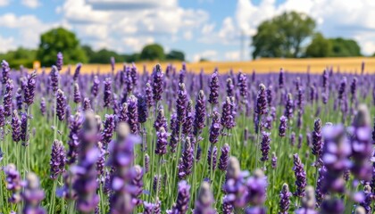 Fototapeta premium Vibrant Lavender Field Under a Bright Blue Sky with Clouds