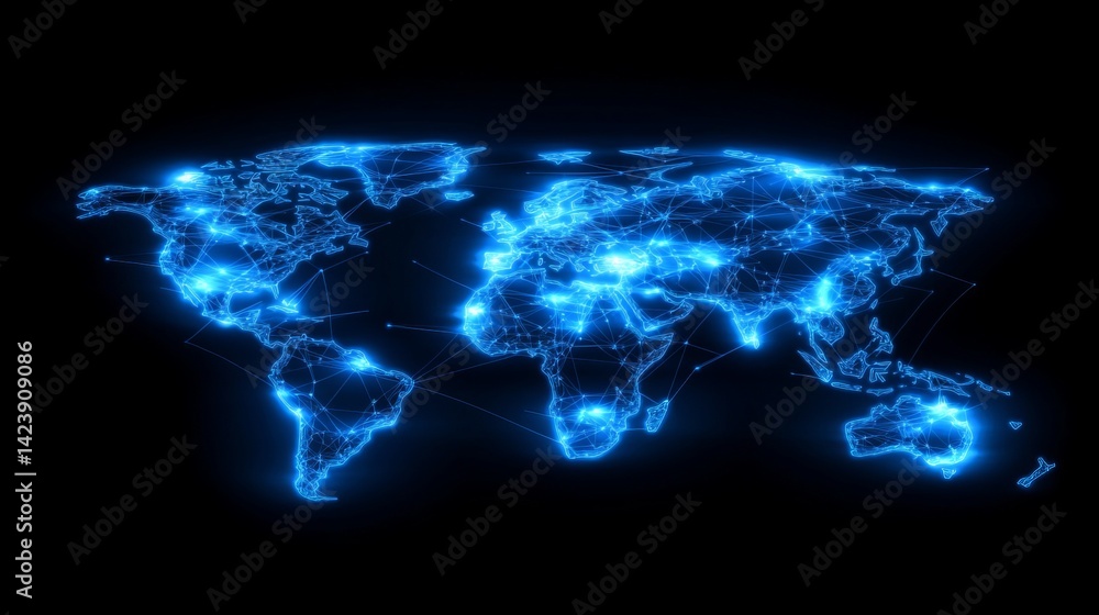 Aufkleber global network connection abstract world map digital art blue glowing lines technology background fu