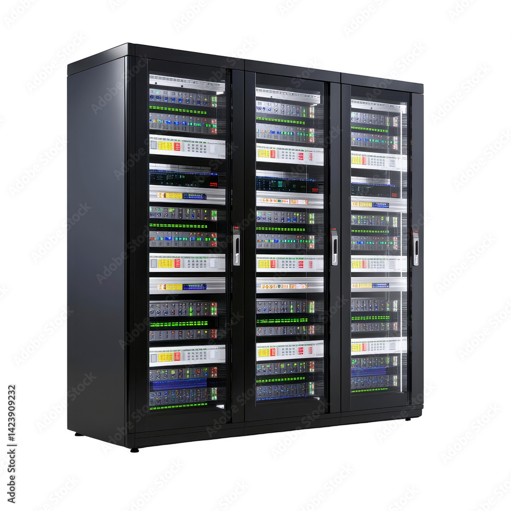Poster sleek, modern server rack filled with various network equipment and blinking lights, showcasing adva