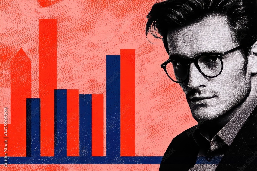 Poster Dynamic Double Exposure Portrait of Business Leader with Bar Graphs and Abstract Background