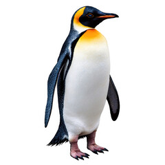 Fototapeta premium Upright penguin with white chest, black and orange feathers. Full view of bird standing. Isolated animal with transparent background, png.