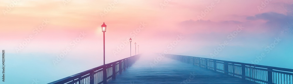 Poster mysterious foggy pier illuminated by soft light creating an enigmatic atmosphere evoking calmness an