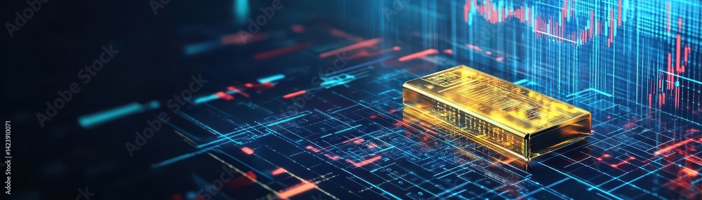 Poster shiny gold bar resting on an intricate circuit design set against a cool blue background evoking the