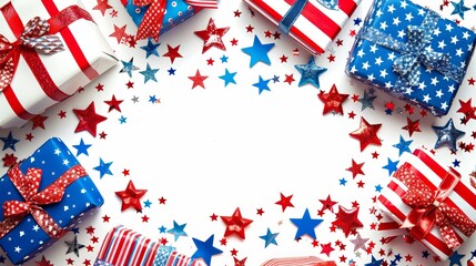 Obraz premium Independence day symbols flag, stars, and stripes on souvenirs with space for text