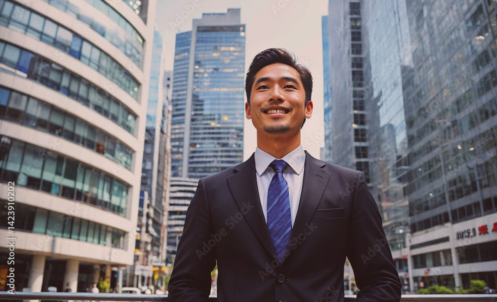 Poster Man in a suit and tie stands in front of a tall building with a smile on his face