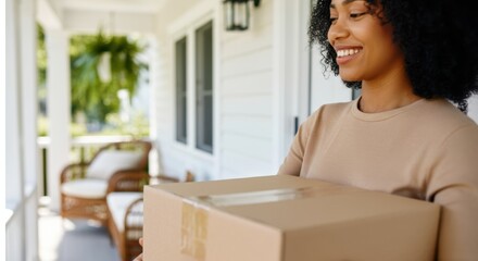 Smiling african female adult receiving package on porch of modern home