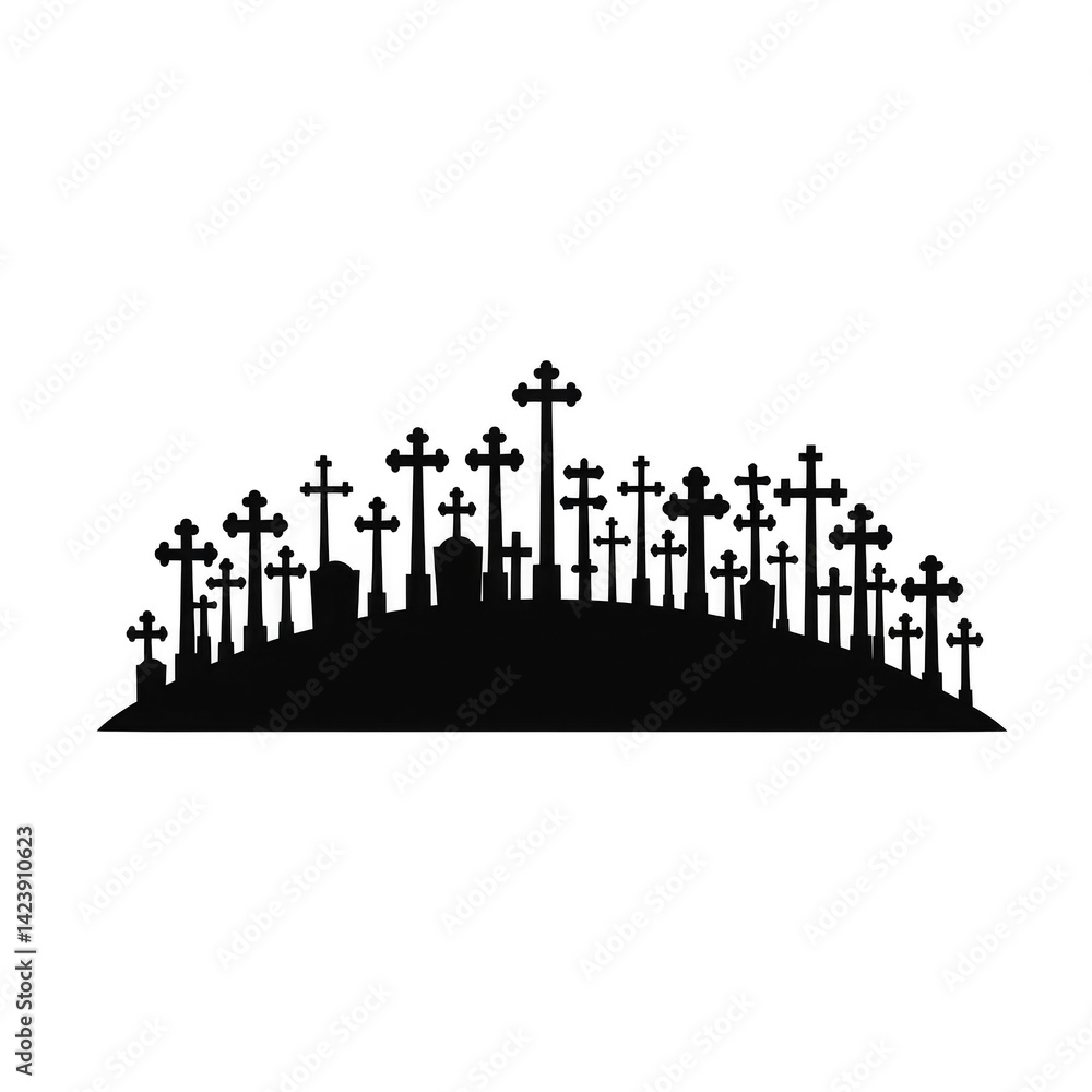 Poster silhouette of numerous crosses arranged in row, creating somber and reflective atmosphere. design is