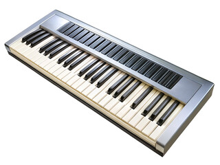 Fototapeta premium Sleek silver and black midi keyboard synthesizer on a white background