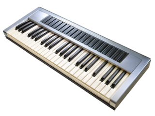 Sleek silver and black midi keyboard synthesizer on a white background