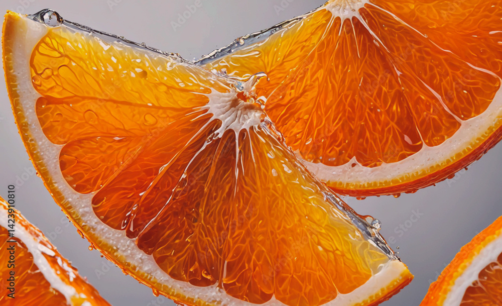 Poster close up of an orange with the peel still on it. the orange is sliced in half and the inside is show