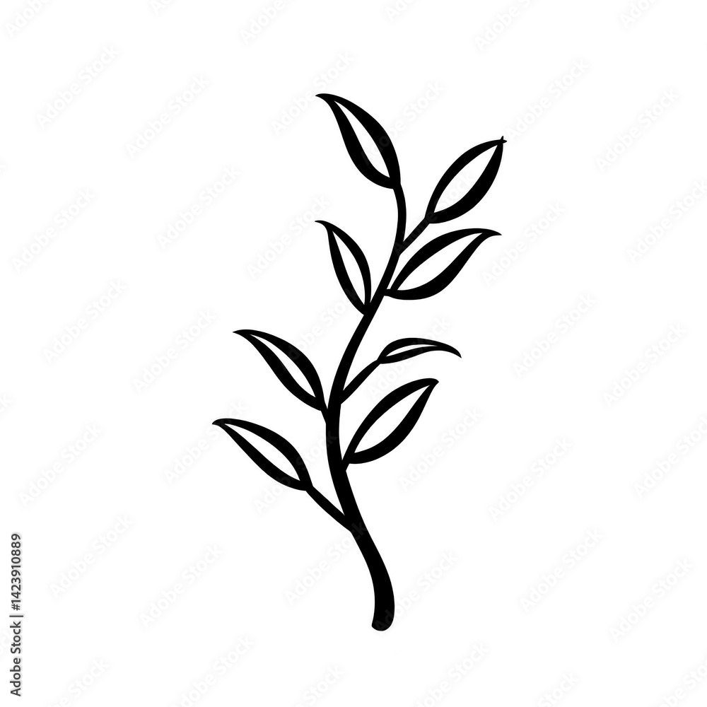 Poster simple black line drawing of leafy branch with multiple leaves extending from central stem, creating