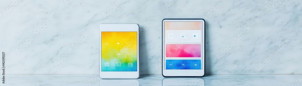 Poster two identical smartphones placed next to each other showcasing their matching screens in a minimalis