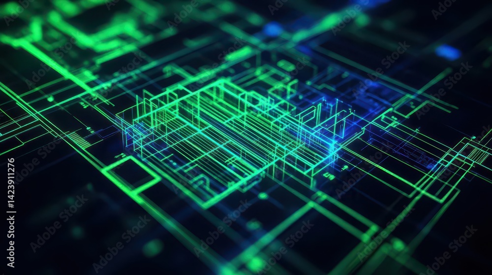 Poster intricate computer circuitry illuminated by vibrant green and blue lights creating a futuristic and 