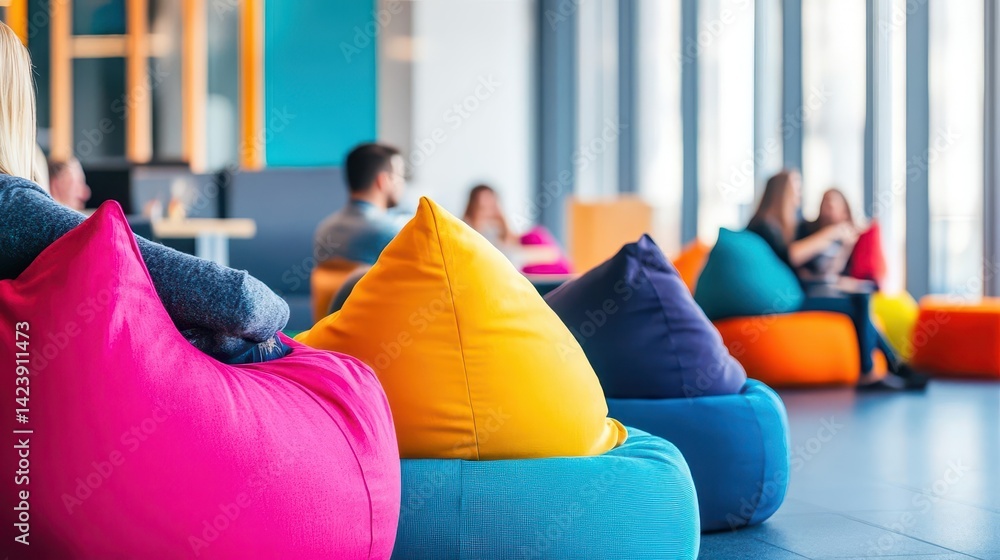 Poster vibrant and colorful bean chairs arranged in a modern lobby space creating a playful and inviting at