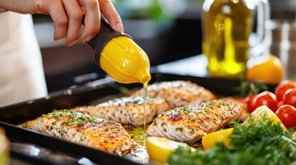 A woman squeezing lemon juice over grilled fish with a citrus squeezer, accompanied by fresh vegetables and a bottle of olive oil