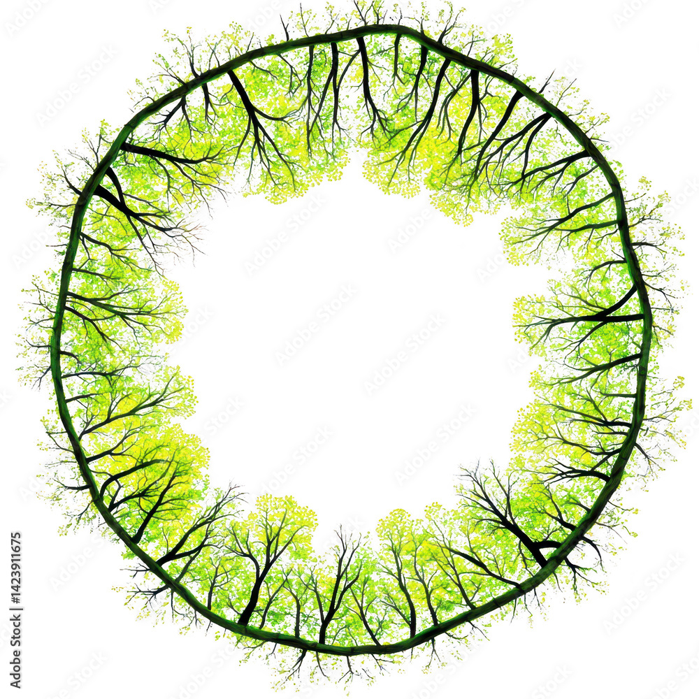 Poster circular arrangement of vibrant green trees forms natural wreath, symbolizing unity and growth. bran