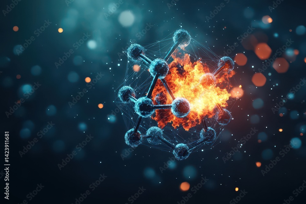 Poster intricate molecular structure with an enigmatic fire element at its core creating a dynamic contrast