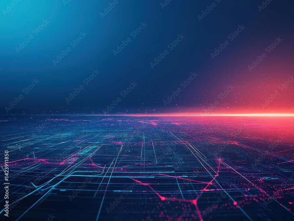 Aufkleber vibrant digital circuitry against a bright blue and pink background creating a futuristic and abstra