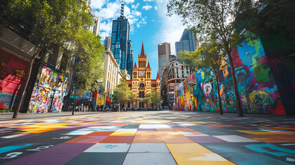Naklejka premium Melbourne Streetscape Vibrant Graffiti Art Laneway Flinders Lane Colorful Pavement Urban Architecture Cityscape in Australia