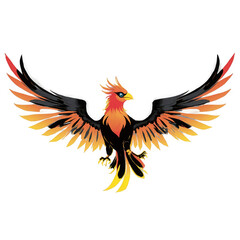 Obraz premium Phoenix bird illustration. Flying fire bird with open orange and black wings. Isolated design element. Transparent png