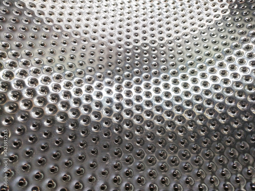 Poster shiny, dimpled metallic surface with repeating holes. abstract pattern perfect for backgrounds, text