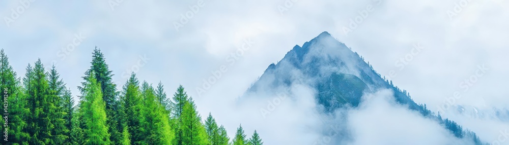 Poster majestic mountain peak surrounded by lush green trees and enveloping fog creating an enigmatic and t