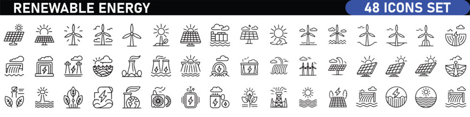 Renewable Energy Line black Icon Set. A dynamic collection of icons showcasing sustainable energy solutions, perfect for environmental projects, educational materials, and green technology
