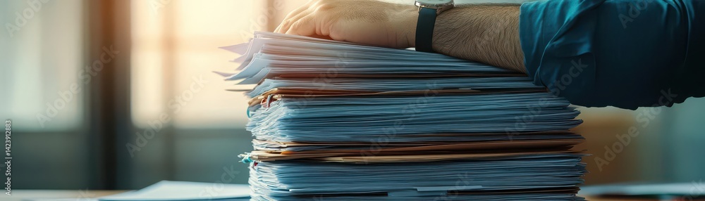 Poster individual grasping a neat stack of documents with intent focus in a bright office environment creat