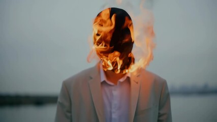 Businessman wearing burning mask depicting workplace stress, psychological pressure, hidden emotions revealing burnout through surreal artistic expression against blurred backdrop