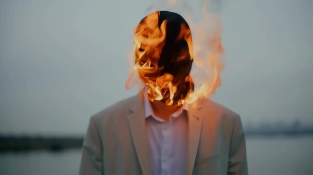 Businessman wearing burning mask depicting workplace stress, psychological pressure, hidden emotions revealing burnout through surreal artistic expression against blurred backdrop