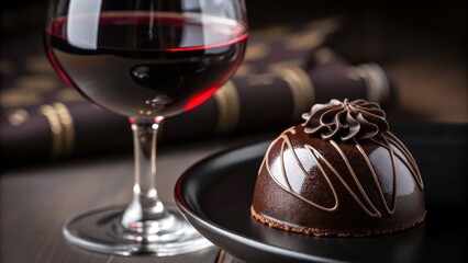 food and wine pairings red wine fine dining Concept. Indulgent dessert paired with red wine, set in a sophisticated ambiance.