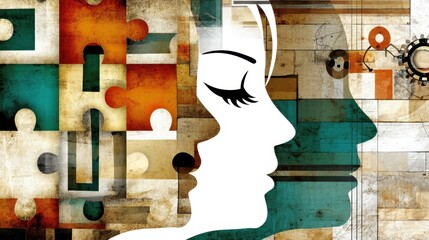 Surreal Double Exposure Concept Illustrating Friendship and Influence with Abstract Puzzle and Human Silhouette Elements
