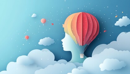 Obraz premium Children s education and imagination concept, paper cut boy head with colorful hot air balloon in the sky, realistic 3D style, serene sky scene