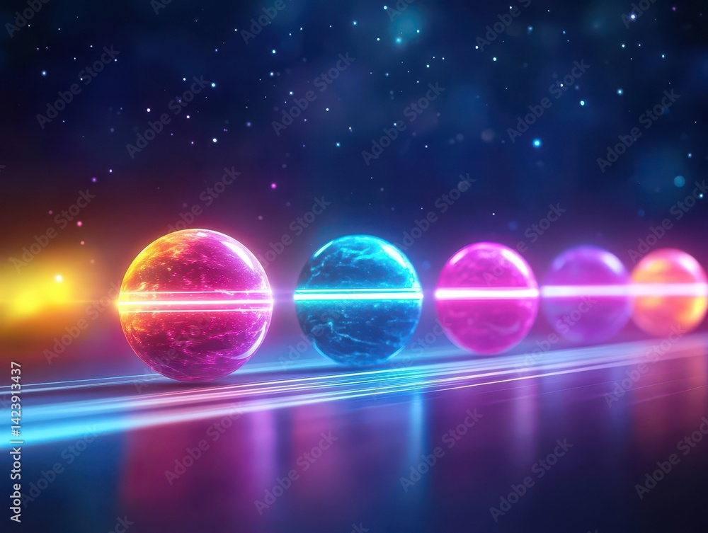 Poster vibrant colorful spheres arranged in a row illuminated by bright light creating a playful and lively