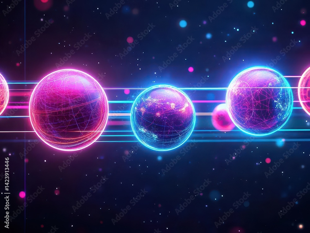 Poster mesmerizing display of glowing spheres connected by vibrant neon lines in a darkened environment cre