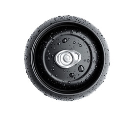  Close-up of the top view of a soft drink can with a black rubber knurled rim, isolated on Png Format and Transparent Background